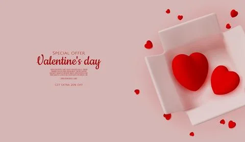 3D render for Valentine s Day sale with red hearts in open boxes and elegant Stock Illustration