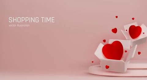 3D render for Valentine s Day sale with red hearts in open boxes and elegant Stock Illustration