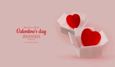 3D render for Valentine s Day sale with red hearts in open boxes and elegant Stock Illustration