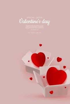 3D render for Valentine s Day sale with red hearts in open boxes and elegant Stock Illustration
