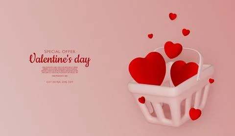 3D render for Valentine s Day sale with red hearts in open boxes and elegant Stock Illustration