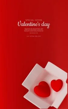 3D render for Valentine s Day sale with red hearts in open boxes and elegant Stock Illustration