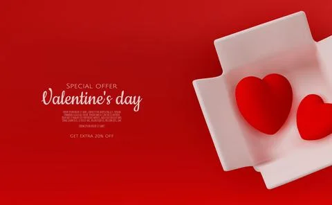 3D render for Valentine s Day sale with red hearts in open boxes and elegant Stock Illustration