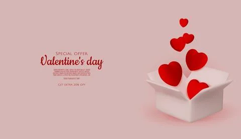 3D render for Valentine s Day sale with red hearts in open boxes and elegant Stock Illustration