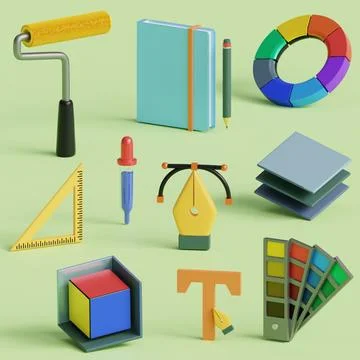 A 3D render of various construction materials, including a ruler, a paint roller Stock Illustration