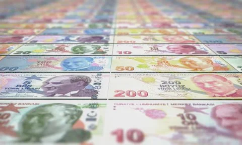 3D Render of various Turkish Lira Banknotes on perspective Иллюстрация