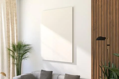 3D Render of Vertical Frameless Canvas on Light Wall in Modern Interior Stock Illustration