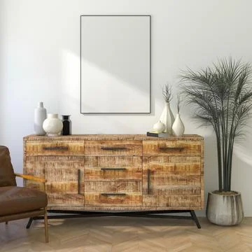 3D Render of Vertical Thin Black Frame on Light Wall in Modern Interior Stock Illustration