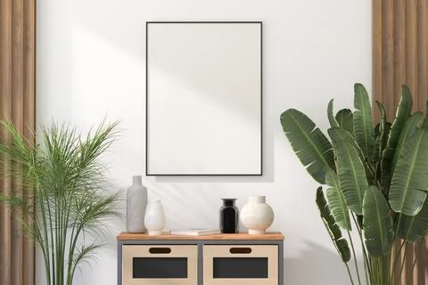 3D Render of Vertical Thin Black Frame on Light Wall in Modern Interior Stock Illustration