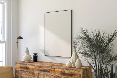 3D Render of Vertical Thin Black Frame on Light Wall in Modern Interior Stock Illustration