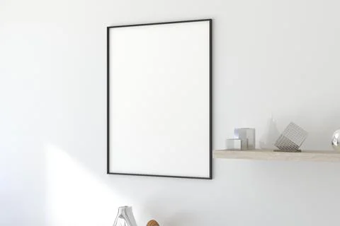 3D Render of Vertical Thin Black Frame on Light Wall in Modern Interior Illustrazione stock