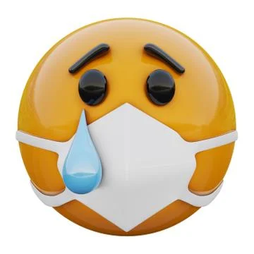 3D render of very sad yellow emojiface in medical mask protecting from Covid19 Stock Illustration