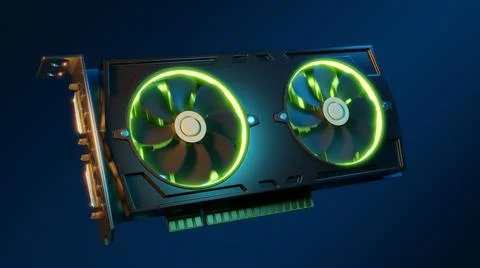3d render of video card GPU with glowing fans PC component Stock-Illustration