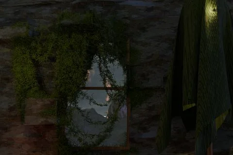 3d render of view out single window on gloomy scene Stock Illustration