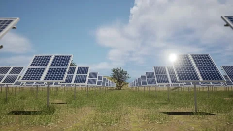 3d render view of Solar Panels farm  animation. Alternative Green Energy Con Stock-Footage 234879648