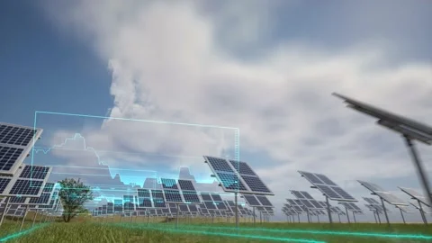 3d render view of Solar Panels farm with hud interface graph animation graphics  Stock Footage 234920609