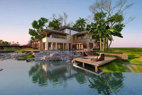 3d render villa house exterior view Ilustración de archivo