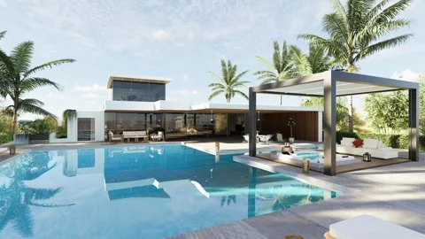 3D render of a Villa with swimming pool and pergola horizontal pull Stock Footage 275280820