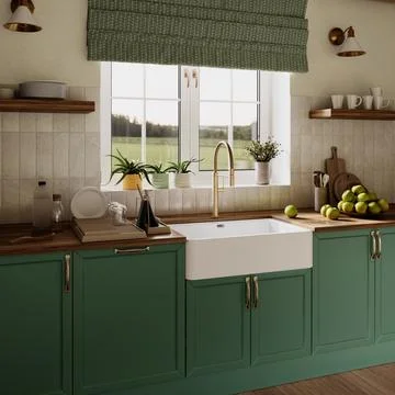 3D Render vintage kitchen green. A large window with light blue curtains. イラスト素材