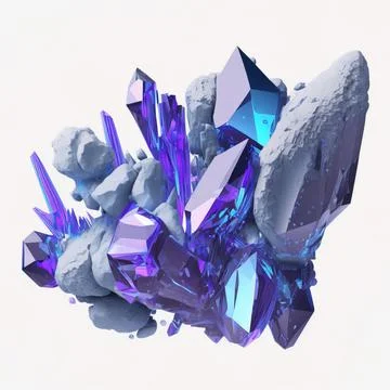 3d render, violet blue crystals growing on white rock. Abstract illustration Stock Illustration