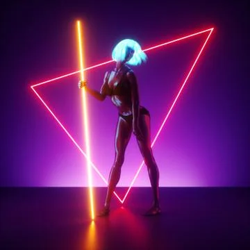 3d render, virtual female model posing, standing. Futuristic pole dance Stock Illustration