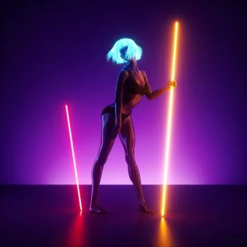 3d render, virtual female model posing, standing on the stage holding neon light Stock Illustration