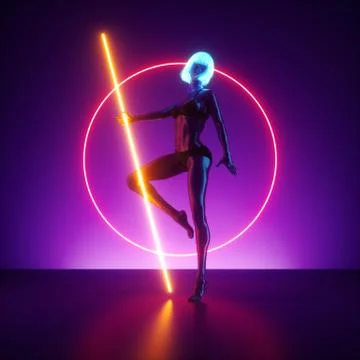 3d render, virtual female model posing, standing on the stage inside neon light Stock Illustration
