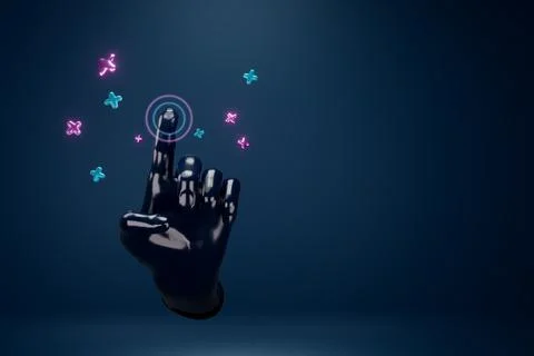 3d render. The virtual hand presses the button. Metaverse. Ilustración de archivo