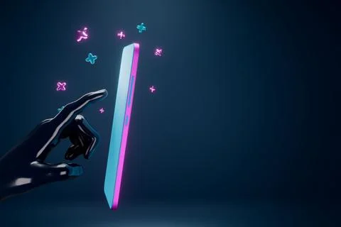 3d render. The virtual hand touches the screen of the phone. Metaverse. Stock Illustration