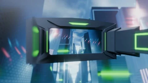 3d render Virtual reality concept, helmet rotates inside a scifi city Vidéo 273628843