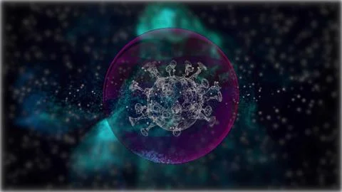3d render virus cell inside a purple bubble over defocused starry background. Stock Illustration