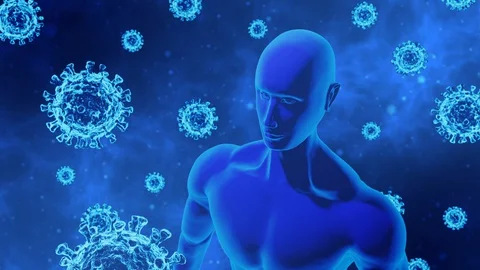 3D Render Virus/COVID-19 and Human/AI Body Model in Abstract Blue Background Stock Footage 129003566