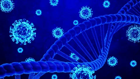 3D Render Virus/COVID-19 and DNA Model in Abstract Blue Background and Particles Stock Footage 129003567