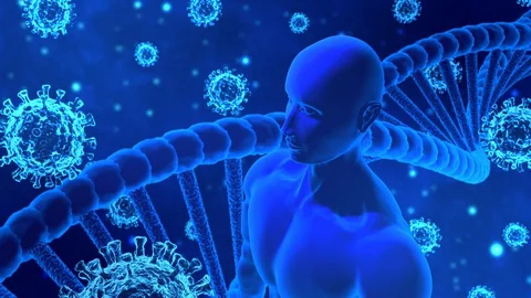 3D Render Virus/COVID-19, Human/AI Body and DNA Model Moving in Blue Background Stock Footage 129004965