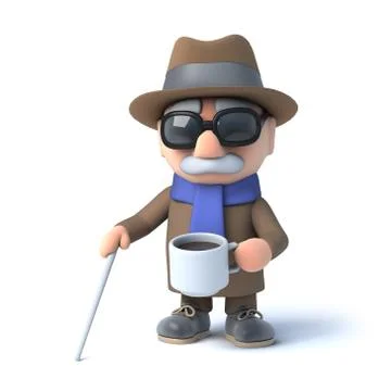 3d render of a visually impaired senior citizen drinking a cup of coffee 스톡 일러스트