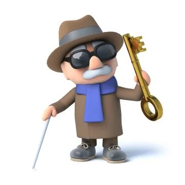 3d render of a visually impaired senior citizen holding a gold key Stockillustratie