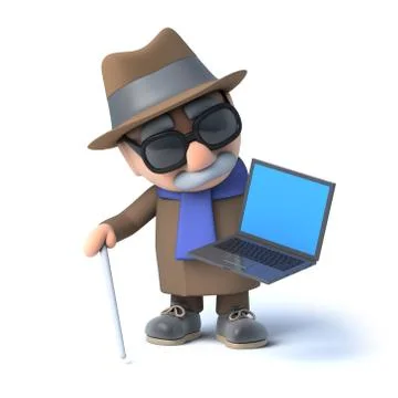 3d render of a visually impaired senior citizen holding a laptop pc 스톡 일러스트