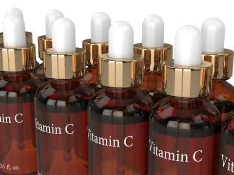 3d render of vitamin C bottles with dropper Illustrazione stock