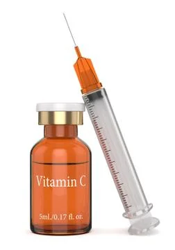 3d render of vitamin C glass bottle with syringe Stock Illustration