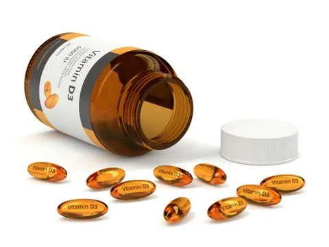 3d render of vitamin D3 bottle with capsules Stock Illustration