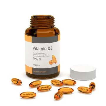 3d render of vitamin D3 bottle with capsules Stock Illustration