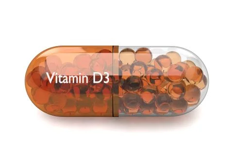3d render of vitamin D3 capsule over white Illustrazione stock