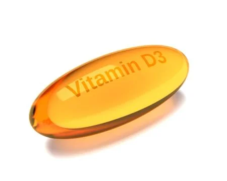 3d render of vitamin D3 capsule over white Illustrazione stock