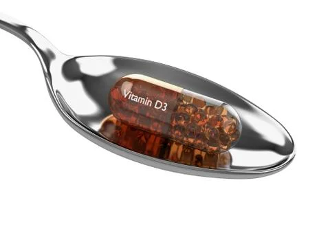 3d render of vitamin D3 capsule on spoon Illustrazione stock