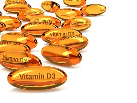 3d render of vitamin D3 capsules over white Stock Illustration