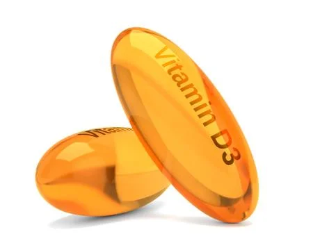 3d render of vitamin D3 capsules over white Stock Illustration