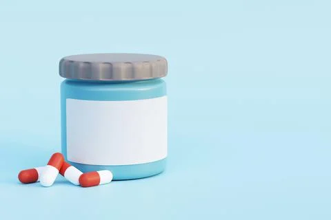 3d render of vitamin pills and jars with lid Stock Photos