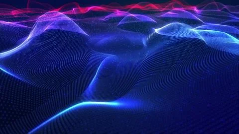 3d render VJ loop. Colorful particles traverse glowing network. Bright waves Illustration