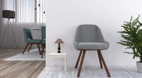 3D render of a waiting room in day light, expressing warmth and minimalism. Illustrazione stock