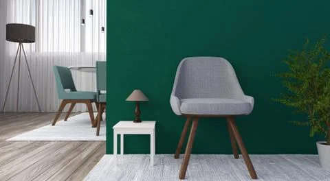 3D render of a waiting room in day light, with modern green wall Illustrazione stock